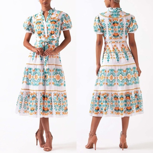 CELINA MOON Dresses & Skirts - Celina Moon Pippa Floral White Orange Green Short Sleeve Midi Dress M